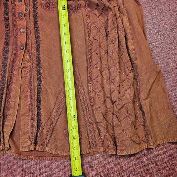 Bohemian Embroidered Maxi Dress OS Rust Button Front Tie Back Flowy Viscose - Picture 8 of 10